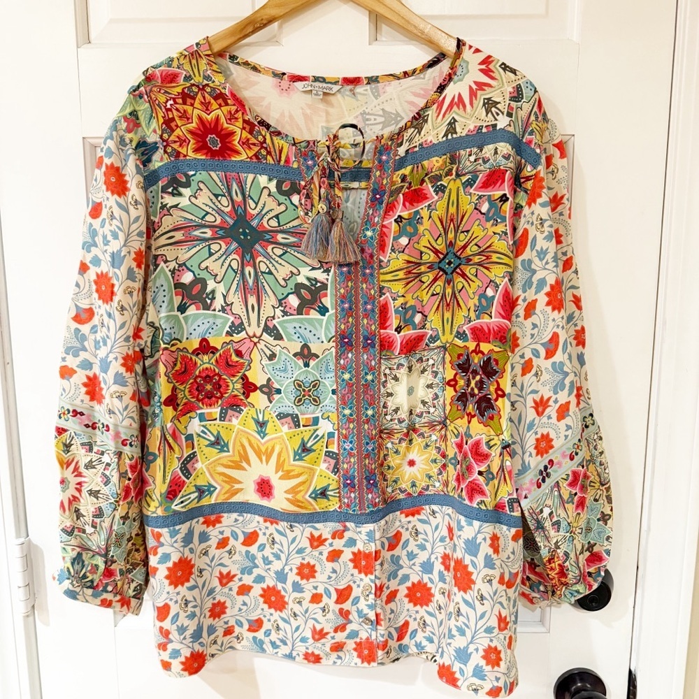 John MarkWoven Floral Print Split
Neck 3/4 Cuffed Tassel Tie Embroidered Tunic L - Picture 2 of 9